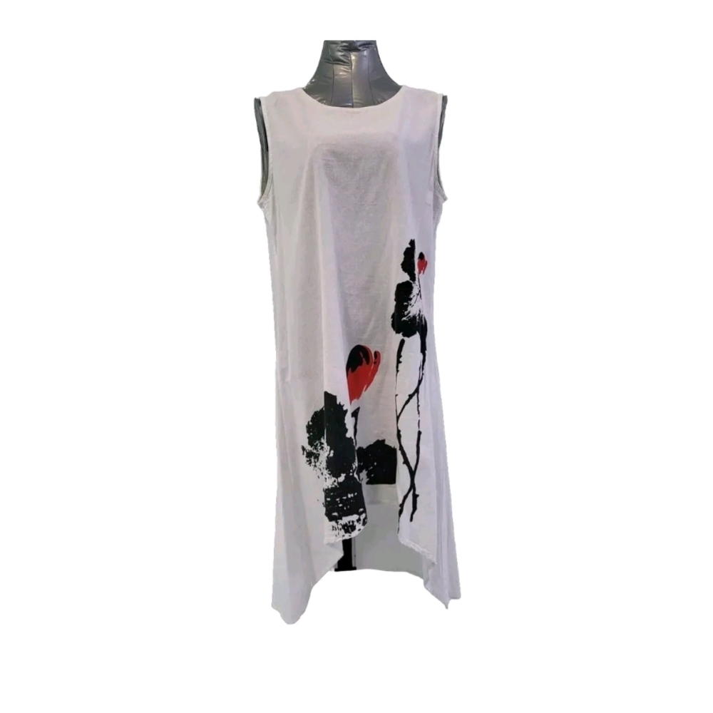 Sleeveless White Dress with Black and Red Floral Design